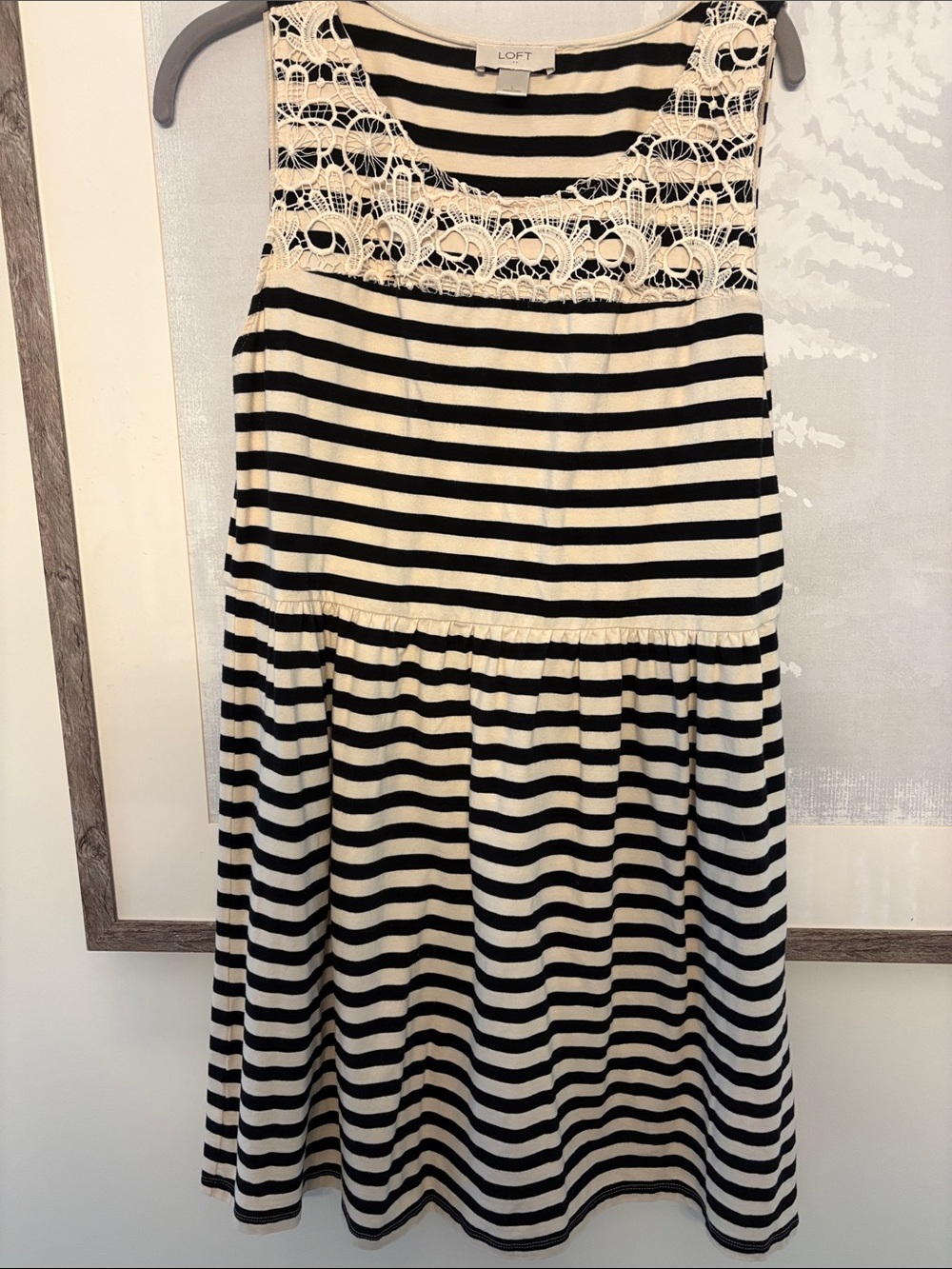 LOFT Black and Cream Striped Lace-Yoke Dress